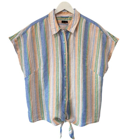 Talbots Linen Top XL Multicolored Stripe Tie Front Cap Sleeve Oversized Button - Picture 1 of 10